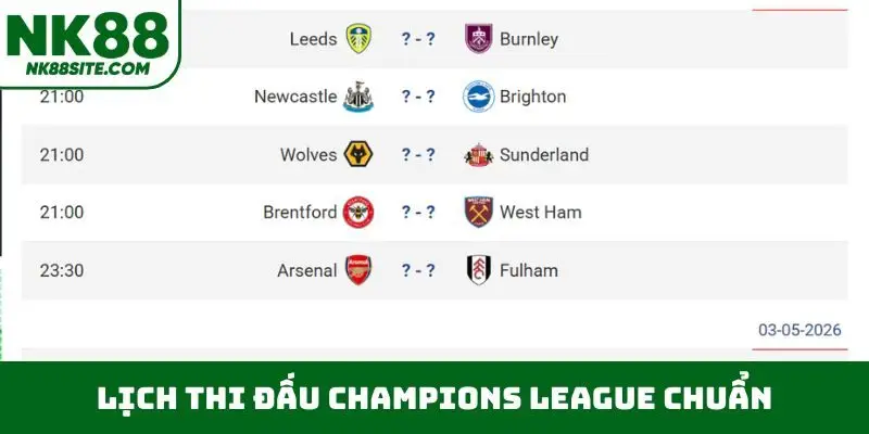 Lịch thi đấu Champions League chuẩn